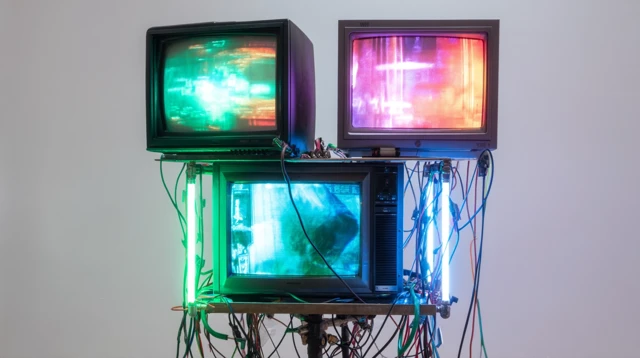 Retro TVs with Neon Lights Installation Art