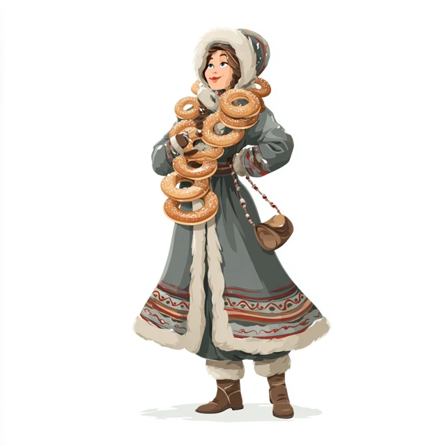 Cartoon Woman in Russian Winter Clothes