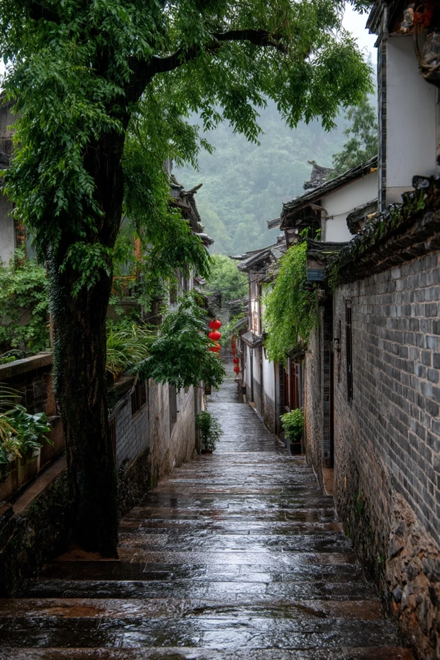 Chinese Alley After Rain Serene Landscape