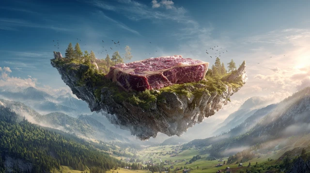 Floating Irish Island with Steak Surreal Landscape