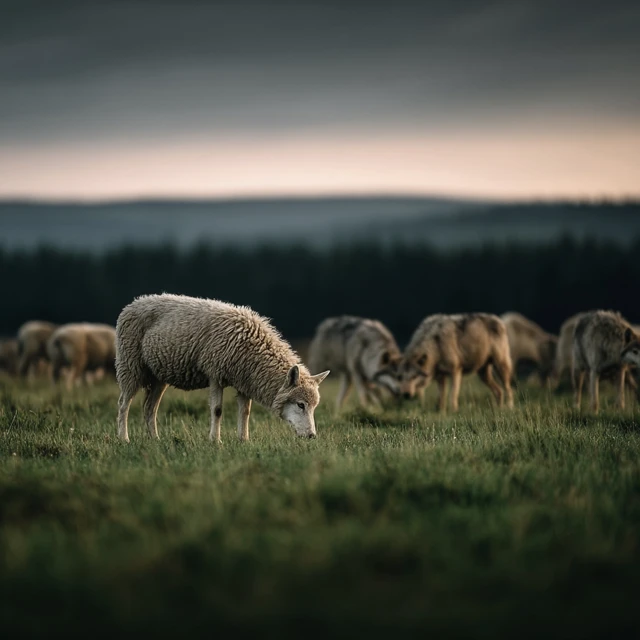 Sheep Surrounded by Wolves Evening Scene