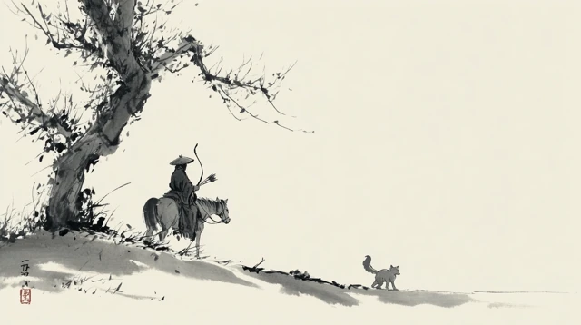 Ink Wash Painting Horse Rider and Fox