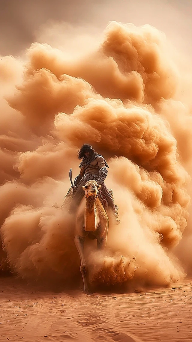 Arabian Man and Camel in Sandstorm Cinematic Shot
