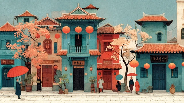 Thai Chinese Village Artistic Illustration
