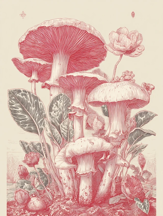 Elegant Botanical Illustration of Mushrooms and Flowers