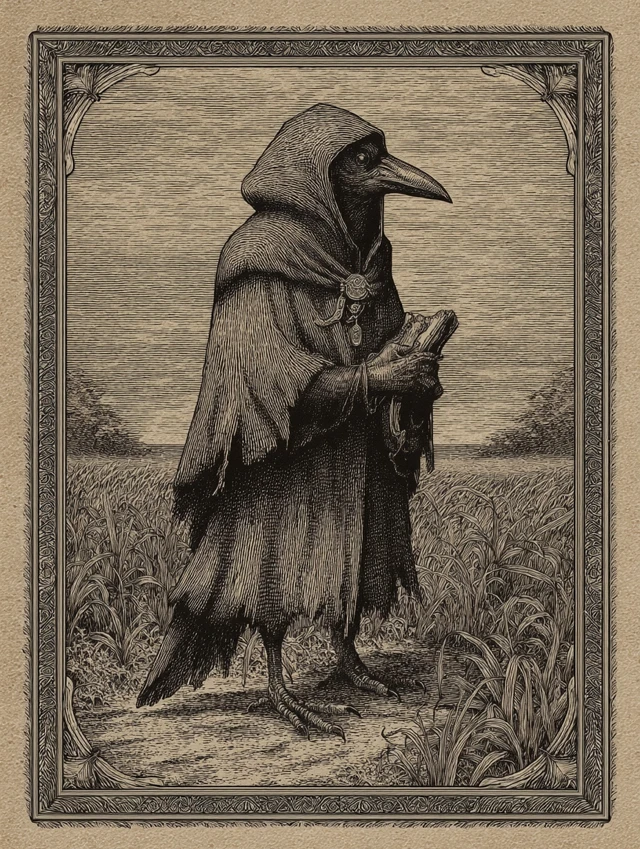 Engraved Crow Knight Errant in Windswept Landscape