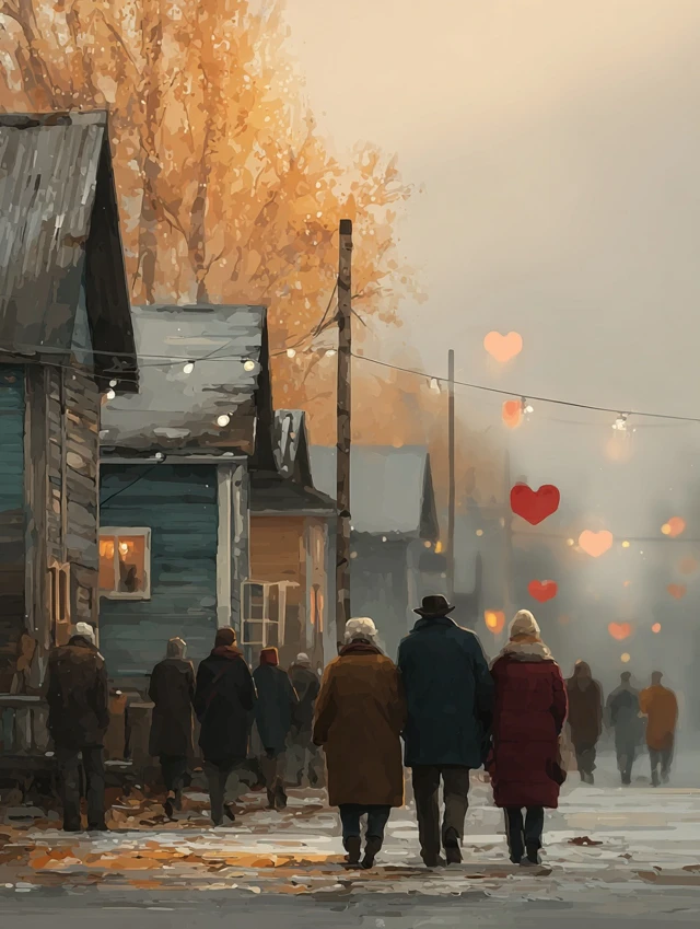 Neighborhood Love Illustration Winter Scene