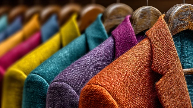 Colorful Linen Suits on Wooden Hangers Fashion