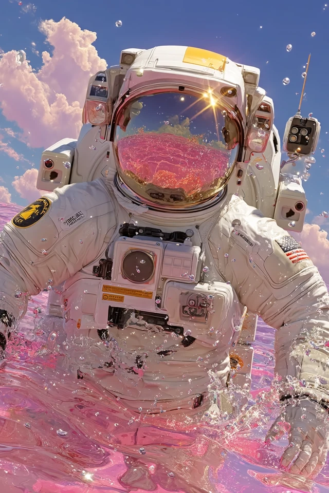 Astronaut in Pink Liquid Ocean Surreal SciFi Art