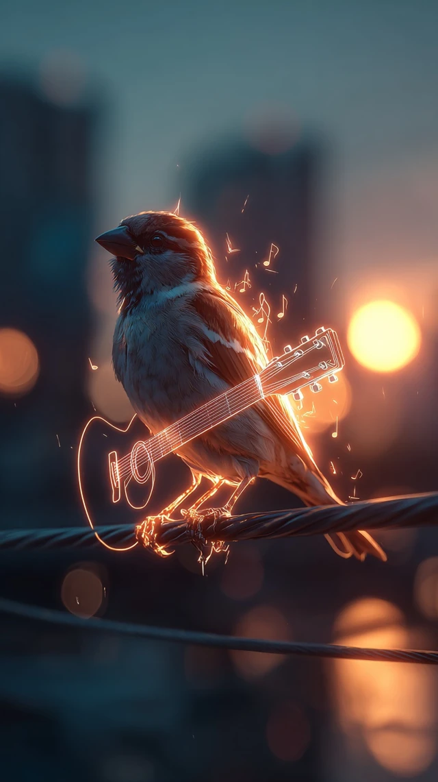 Musical Sparrow Glowing Line Art Illustration