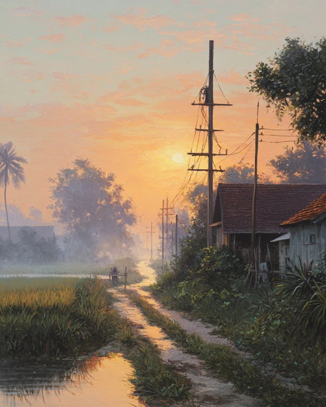 Kedah Village Sunrise Gouache Painting Malaysian Scene