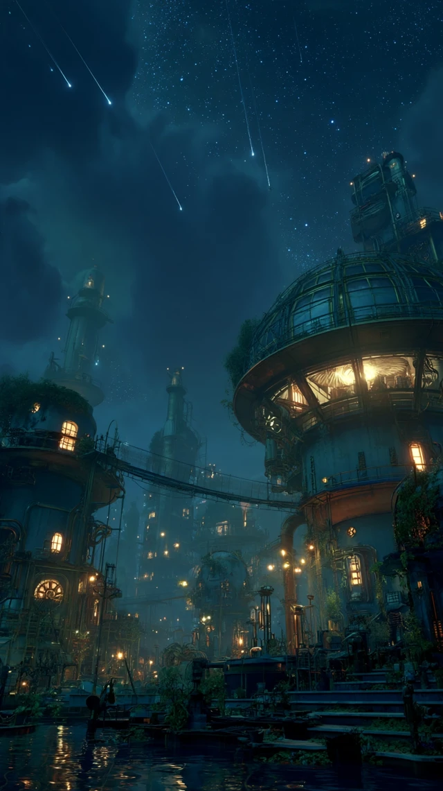 Steampunk City in Decay Nighttime Scene