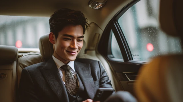 Young Asian Businessman in Luxury Car Smiling at Phone