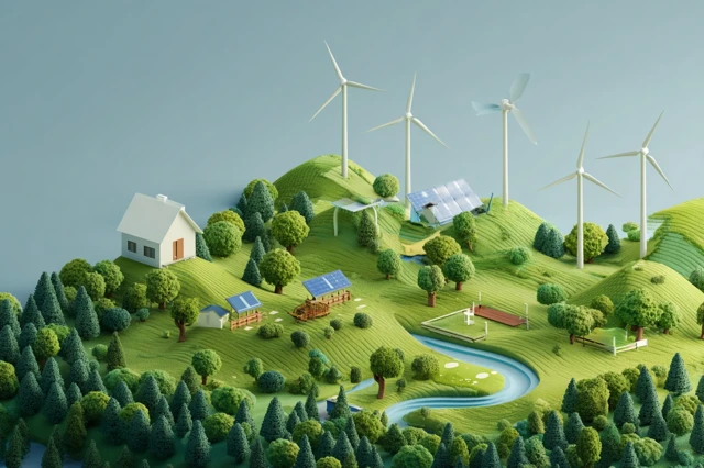 Green Energy Illustration Wind Turbines and Solar Panels