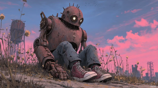 Melancholic Steampunk Golem in a Desolate Wasteland