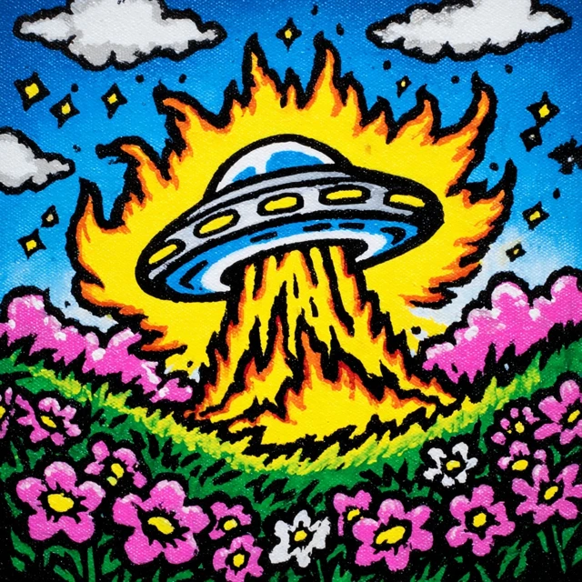 UFO On Fire Flowers Field Illustration