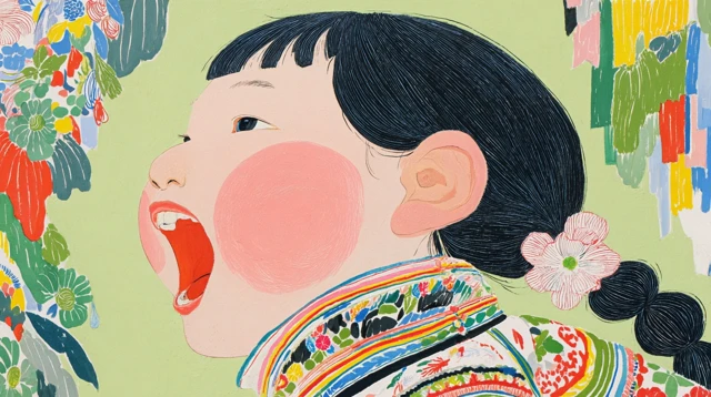 Chinese Folk Painting Cute Girl in Green Town Bazaar
