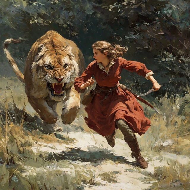 Woman Escapes Saber Tooth Tiger Historical Art