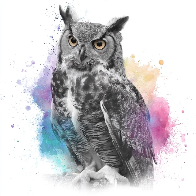 Owl Watercolor Art Dreamy Portrait Colorful Splashes