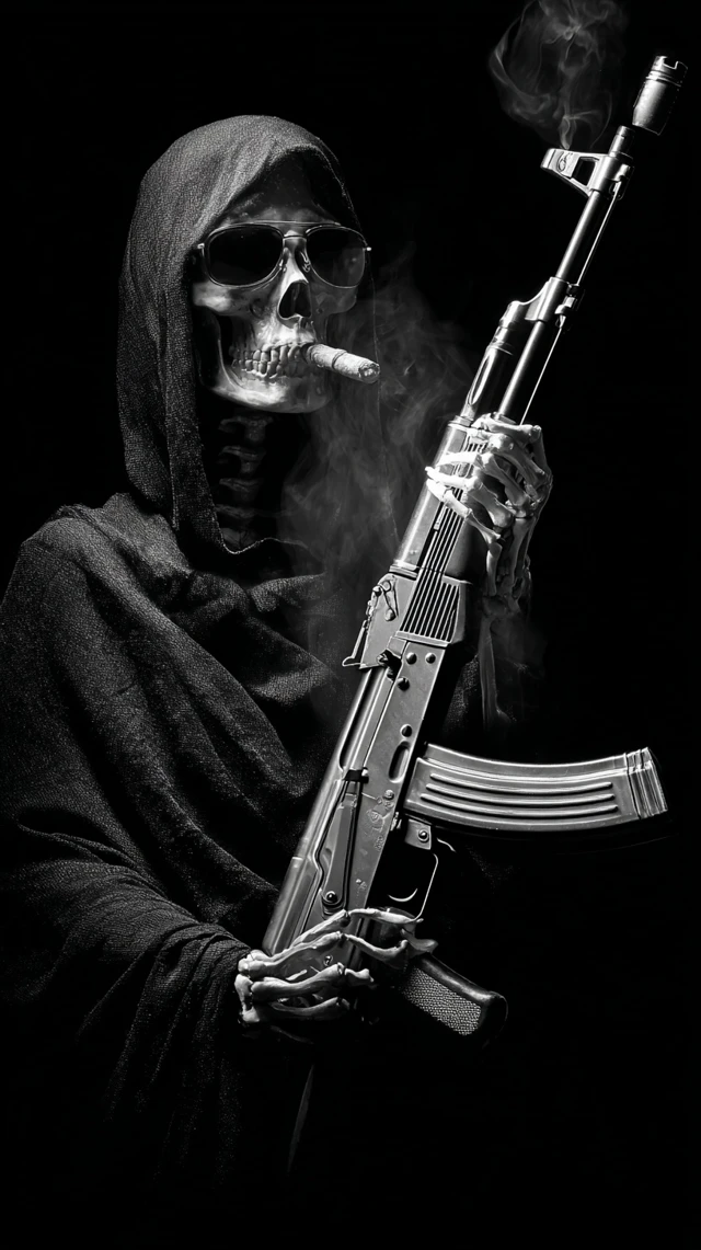 Grim Reaper with AK47 Black and White Photo