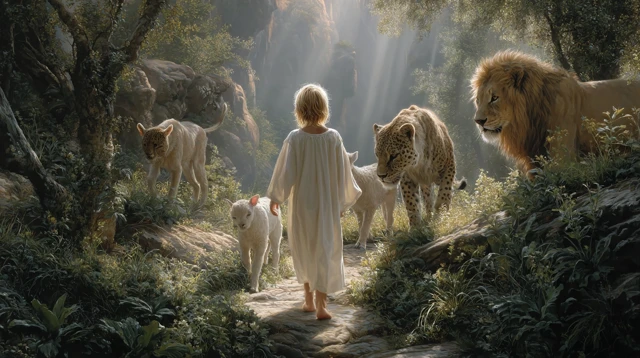 Childs Peaceful Walk with Animals in Harmony