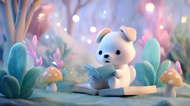 Cute Cartoon Dog Reading in a Magic Forest