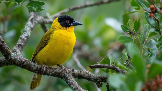 Black Crowned Yellow Bird on Branch in Lush Foliage