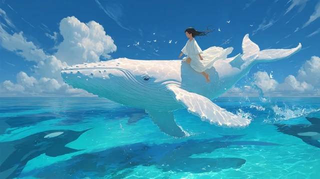 Woman on Whale Soaring Above Sea Fantasy Art