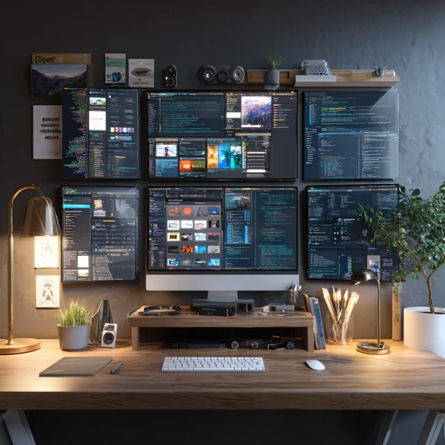 Modern Workspace with Multiple Monitors and Gadgets