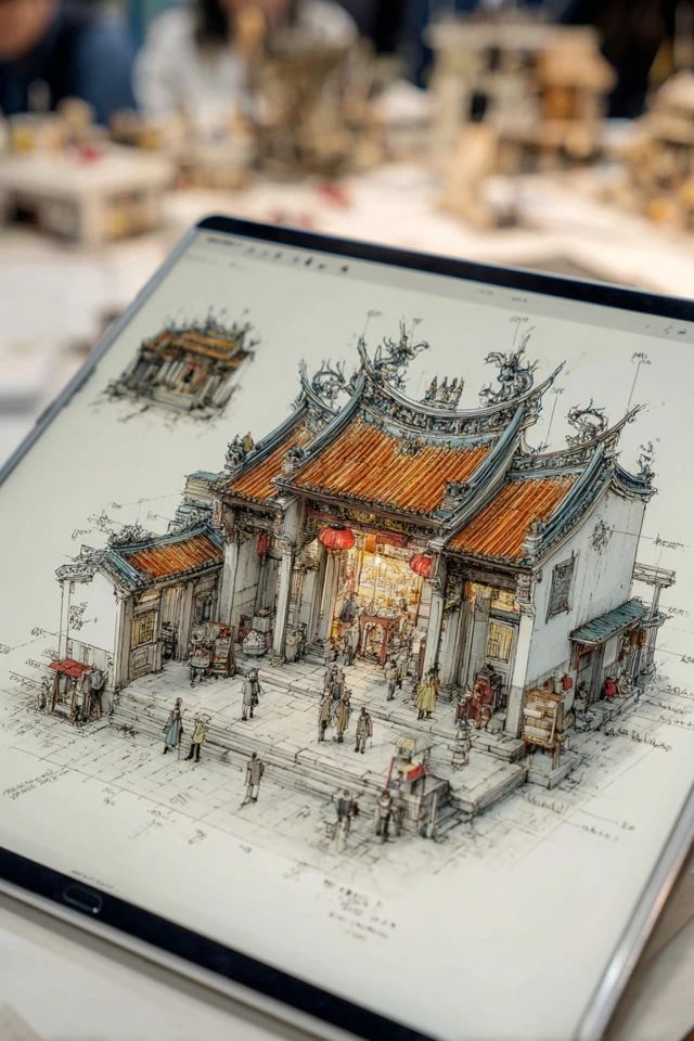 Hong Kong Temple Architectural Sketch on iPad Pro