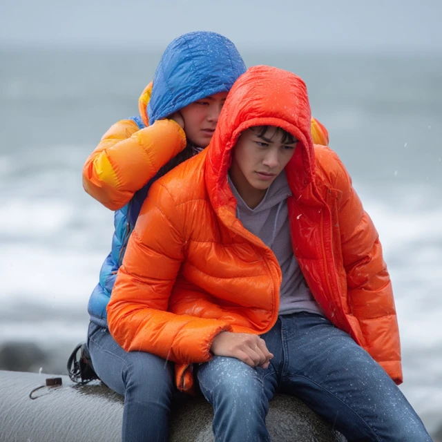 Young Couple at Beach in Rain