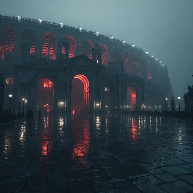 Rainy San Siro Stadium with Roman Architecture