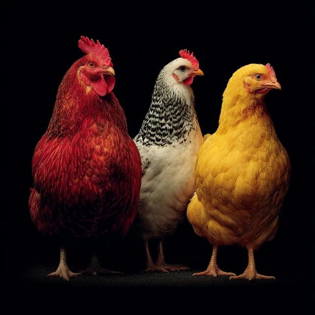Three Chickens Isolated on Black Hyper Realistic Photo