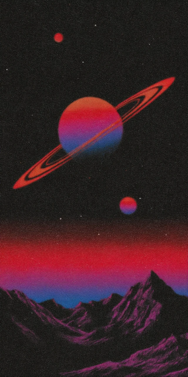 70s Retro Space Art Saturn Rings Planets Stars Graphic Design
