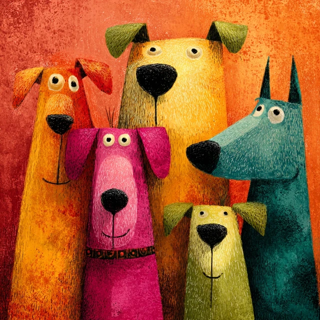 Whimsical Puppy Pals Colorful Art