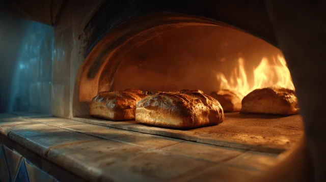 Golden Bread Baking in a Wood Fired Oven