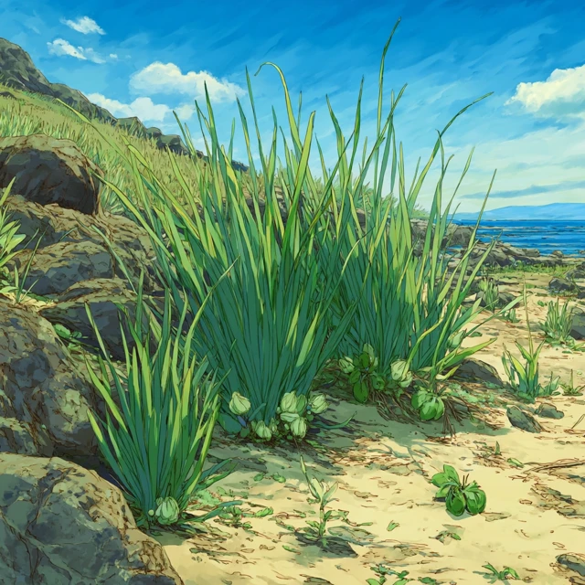 Anime Art Coastal Scene Leek Plants and Sea