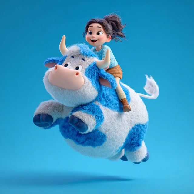 Girl Riding Fluffy Cow 3D Cartoon
