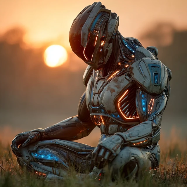 Futuristic Warrior Meditating at Sunrise