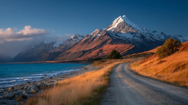 New Zealand Mountain Landscape Golden Hour Road