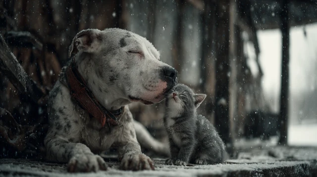 Heartwarming Bond Pitbull and Kitten in Snow