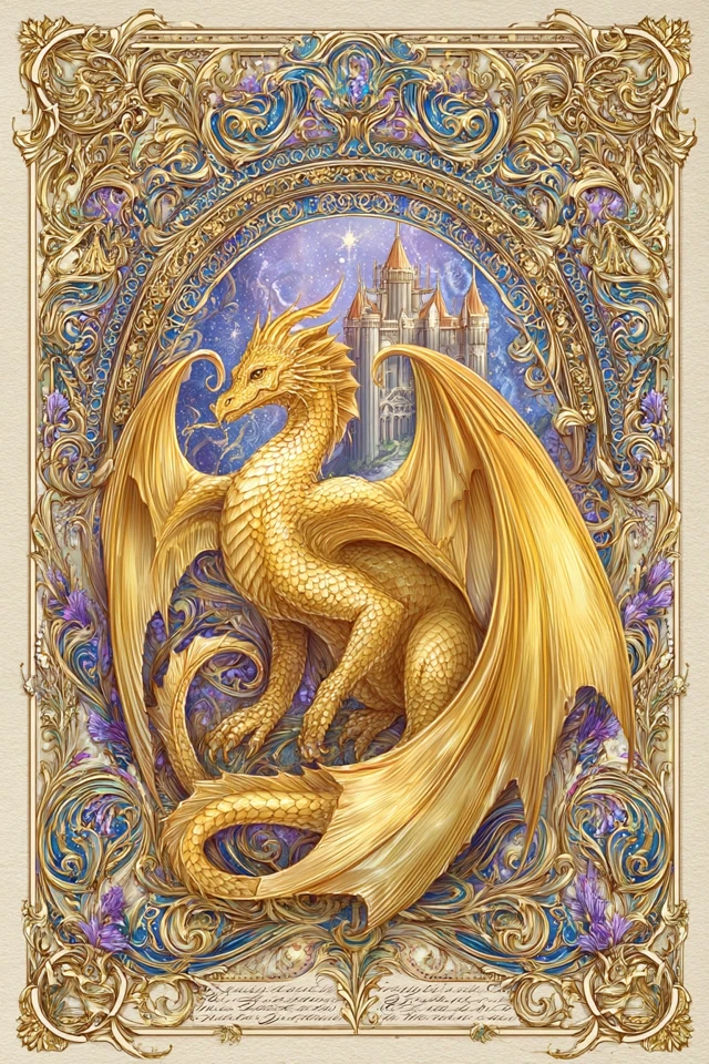 Golden Dragon Medieval Castle Illuminated Manuscript