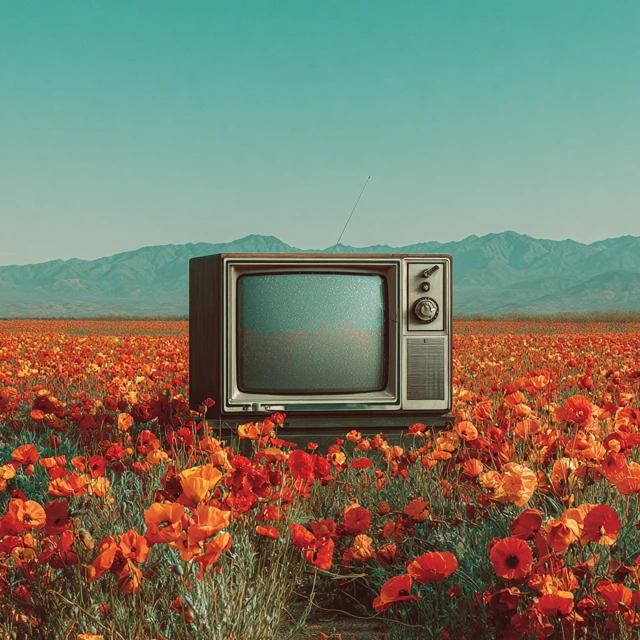 Vintage TV in Poppy Field Mid Century Modern Art