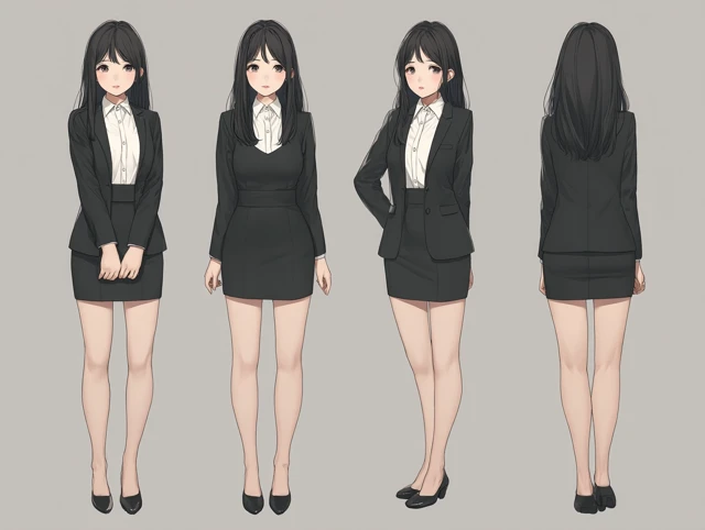 Japanese Anime Girl Character Sheet in Black Suit
