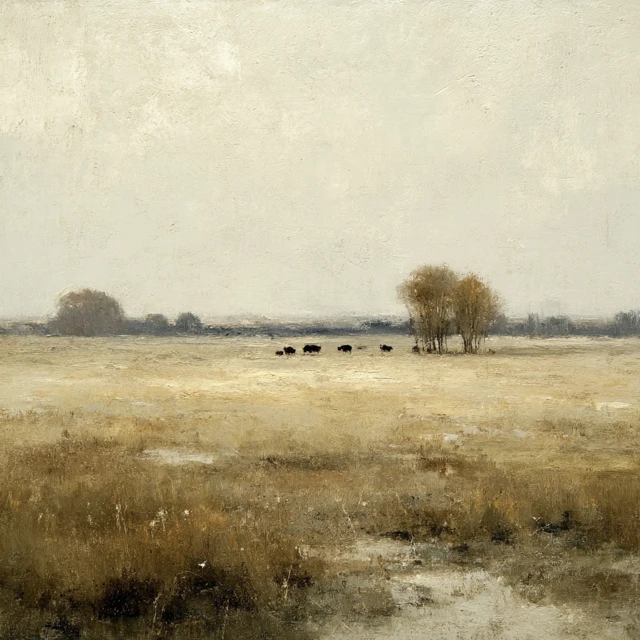 Minimalist Landscape Painting Bison in Open Field