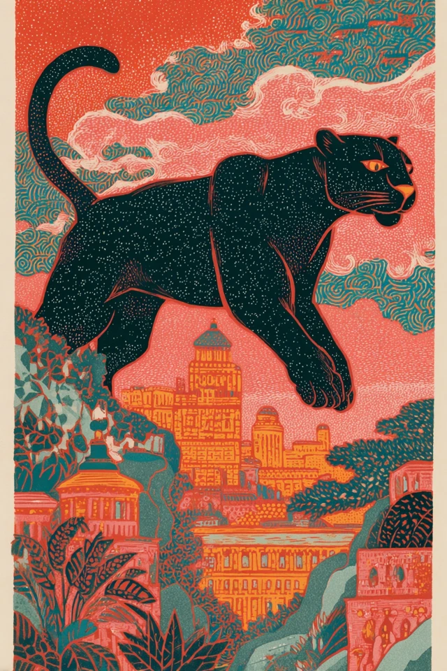 Panther With Castle Linocut Print by Don Blanding