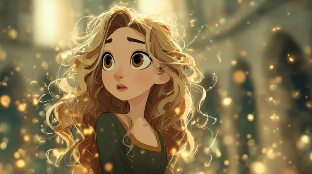 Cartoon Girl with Golden Light Particles in Antique Style