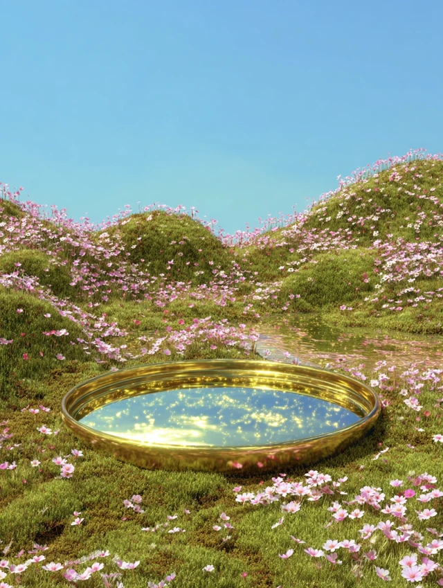 Dreamy Nature Scene Golden Pond and Flowers