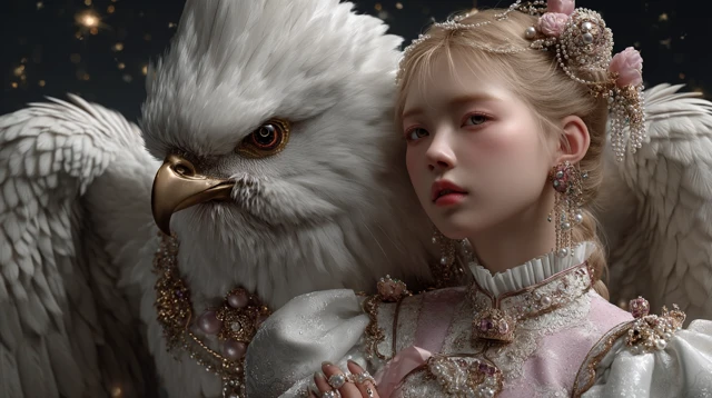 Fantasy Scene: Mythical Magpie and Korean Woman