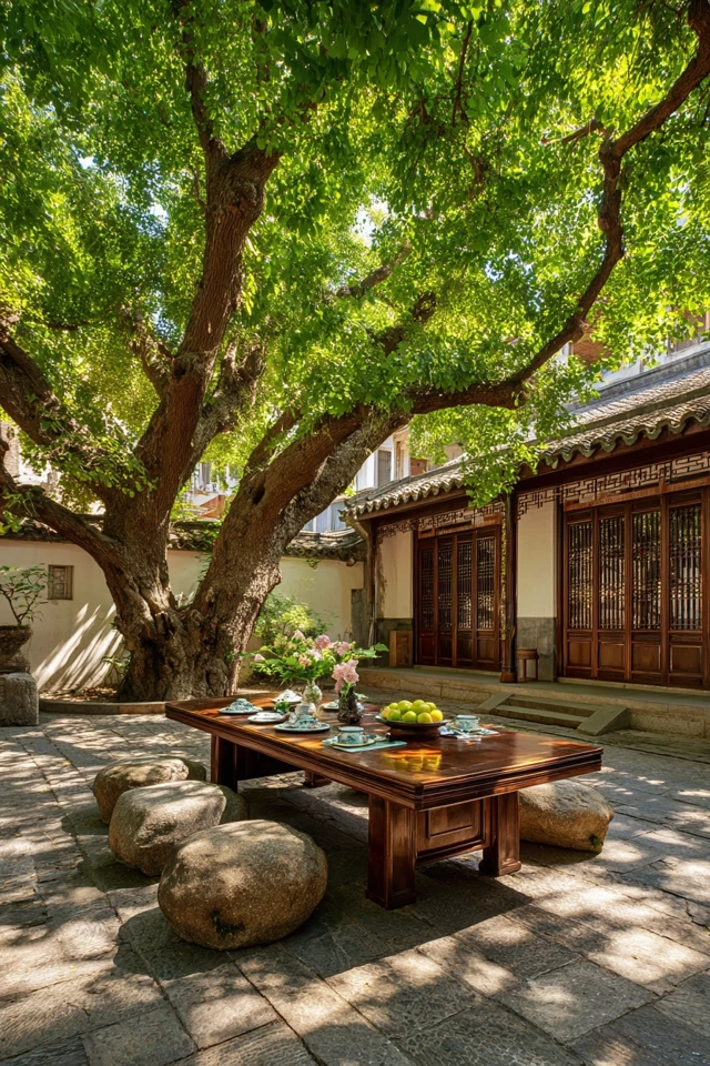 Chinese Courtyard Summer Tea Time Under a Ginkgo Tree